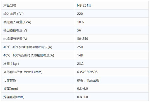 滬工NB 251III焊機技術(shù)參數(shù)